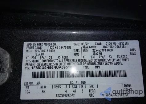 2022 Ford Escape Sel z USA, uszkodzony, nr VIN 1FMCU9H96NUA69554